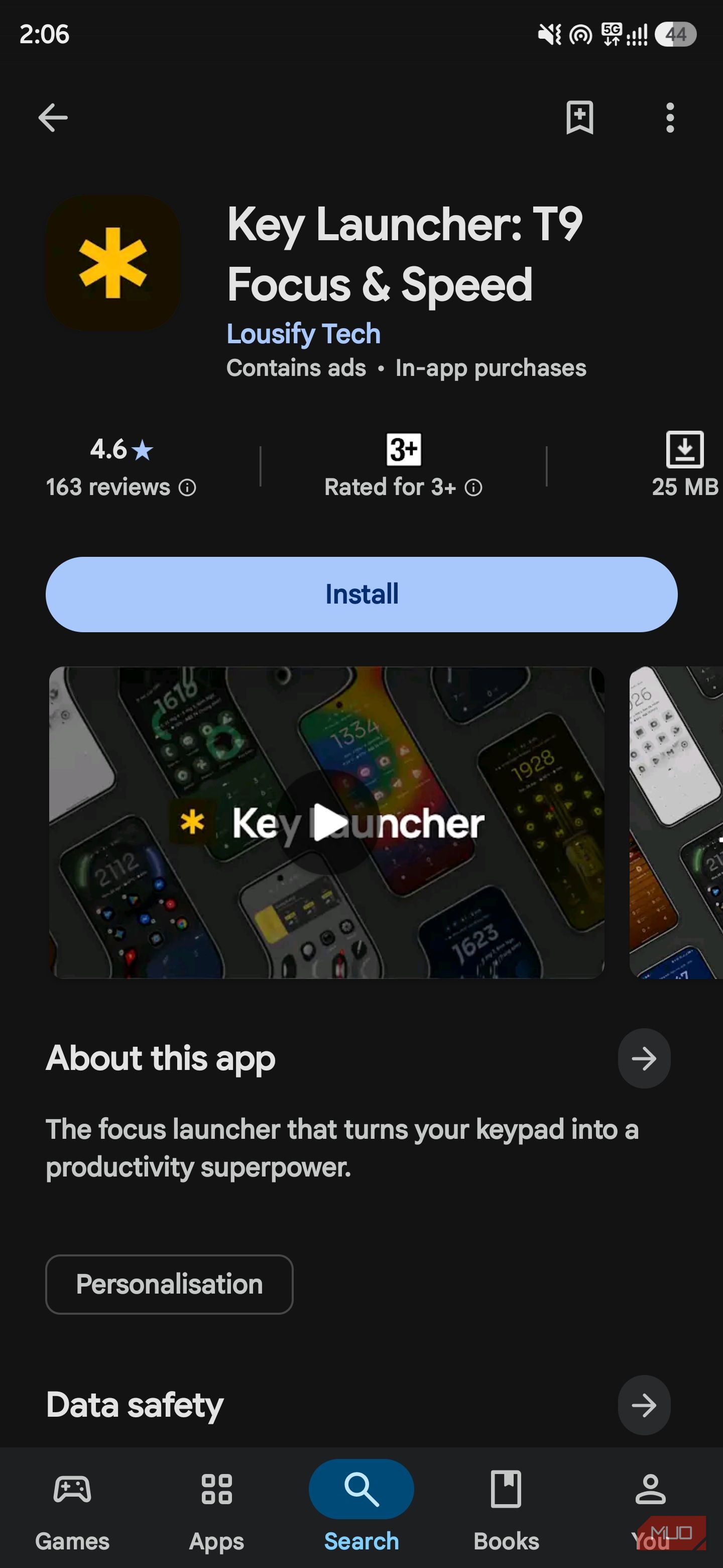 Google Play Store page for "Key Launcher: T9 Focus & Speed" featuring app details, preview media, and an Install button