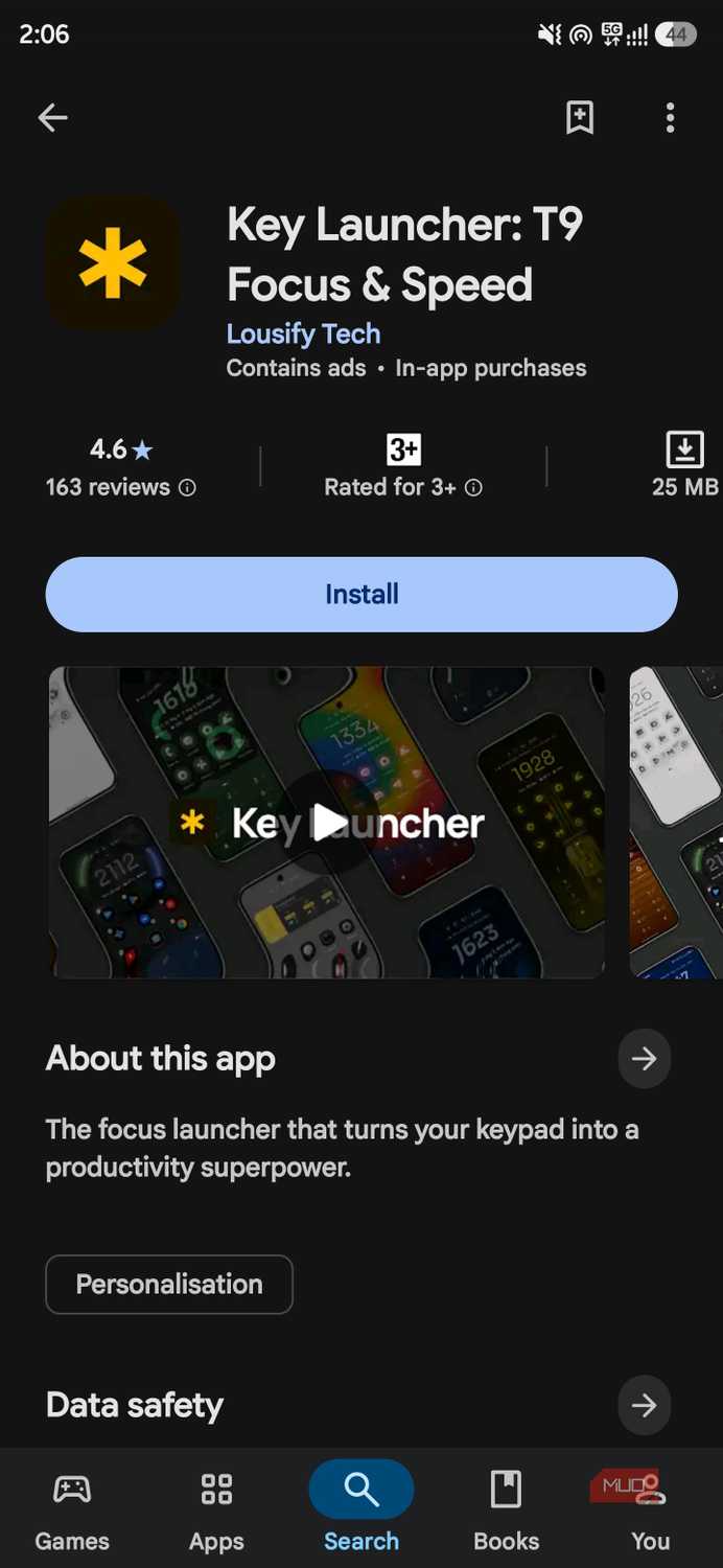 Google Play Store page for "Key Launcher: T9 Focus & Speed" featuring app details, preview media, and an Install button