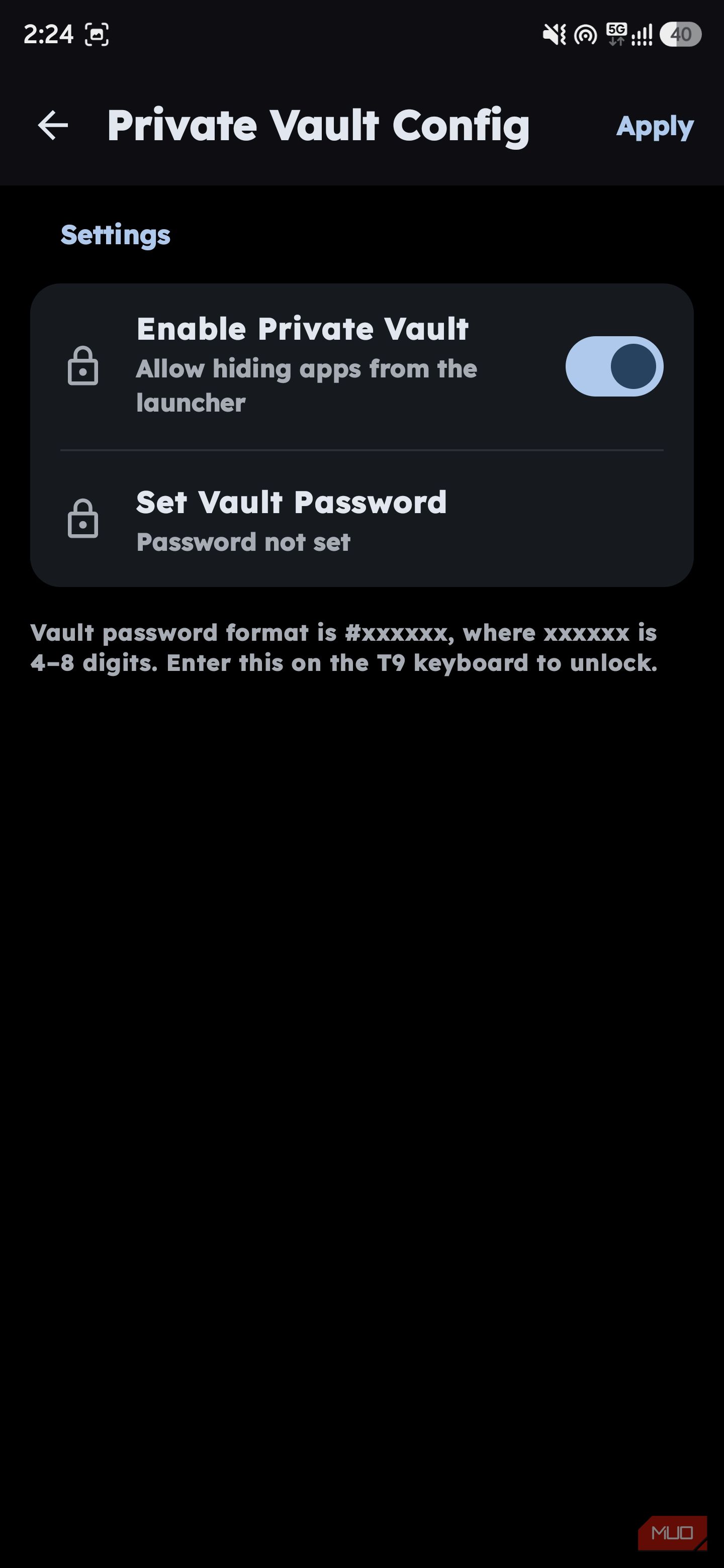 Private Vault configuration menu showing a toggle switch for "Enable Private Vault" set to active
