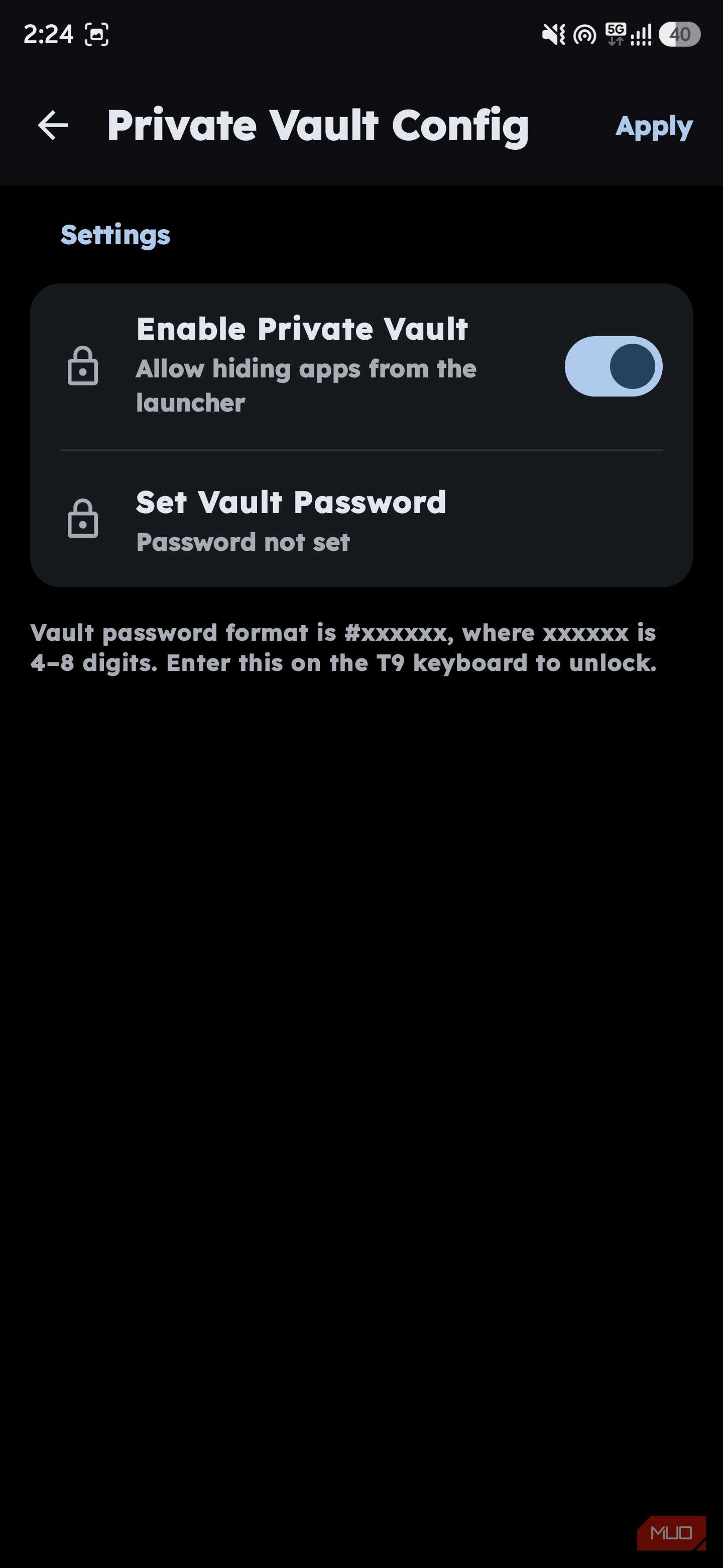 Private Vault configuration menu showing a toggle switch for "Enable Private Vault" set to active