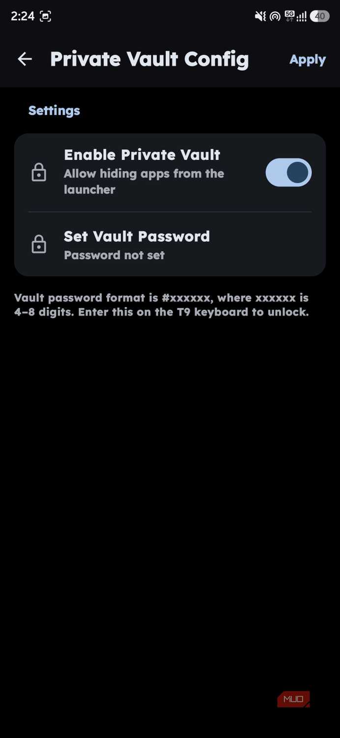 Private Vault configuration menu showing a toggle switch for "Enable Private Vault" set to active