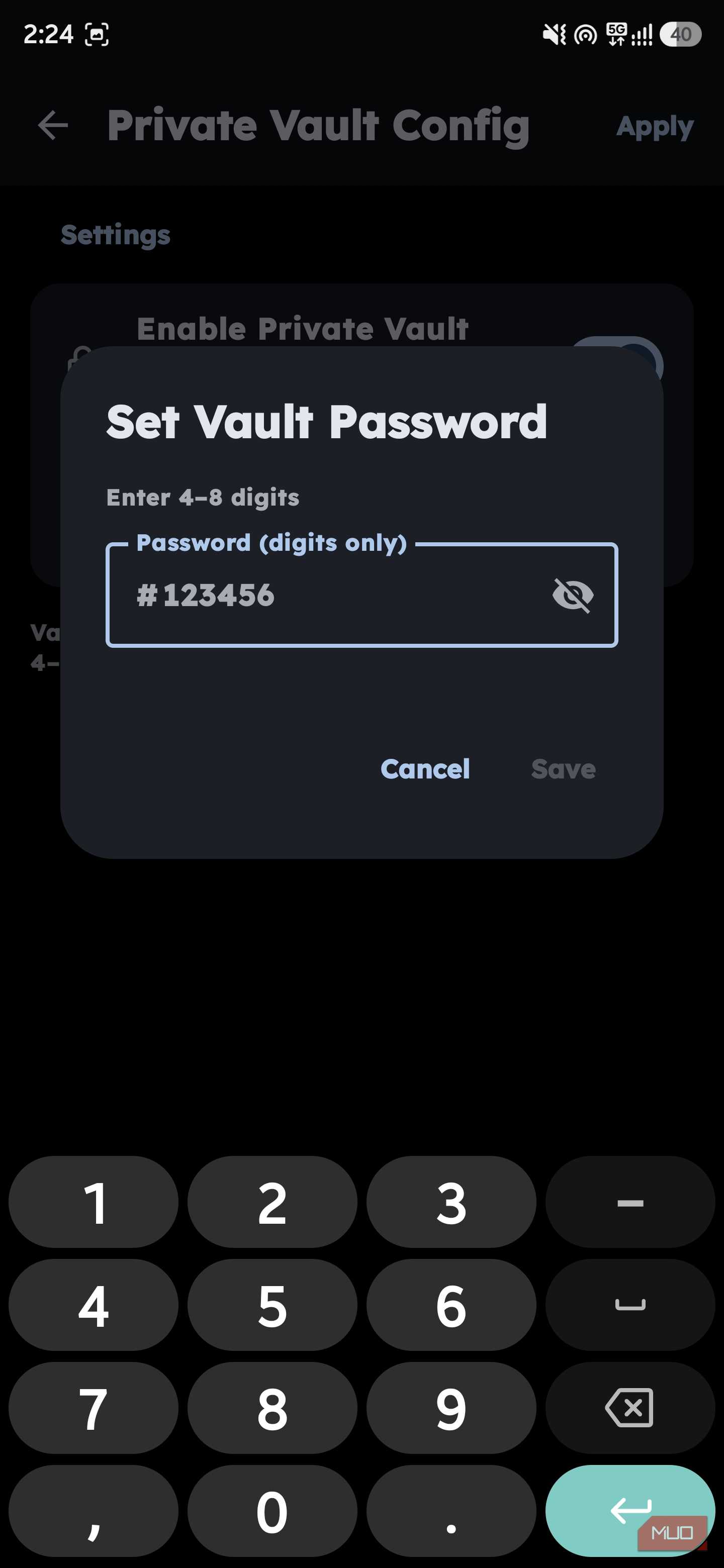 Modal dialogue titled "Set Vault Password" prompting the user to enter a 4-8 digit password on a numeric keypad