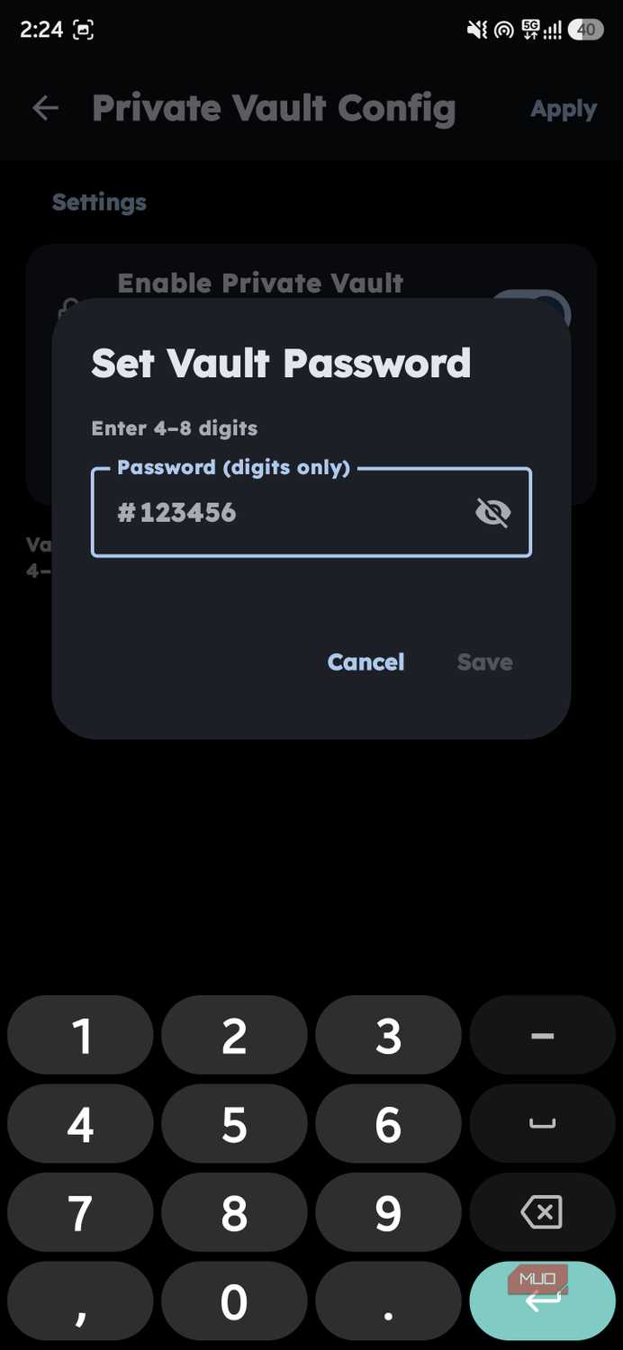 Modal dialogue titled "Set Vault Password" prompting the user to enter a 4-8 digit password on a numeric keypad