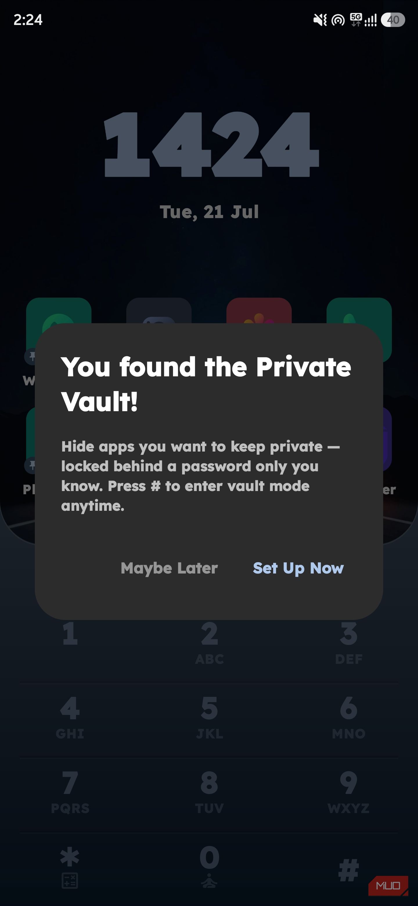 Key Launcher home screen overlay showing a modal popup titled "You found the Private Vault!" with options to set it up