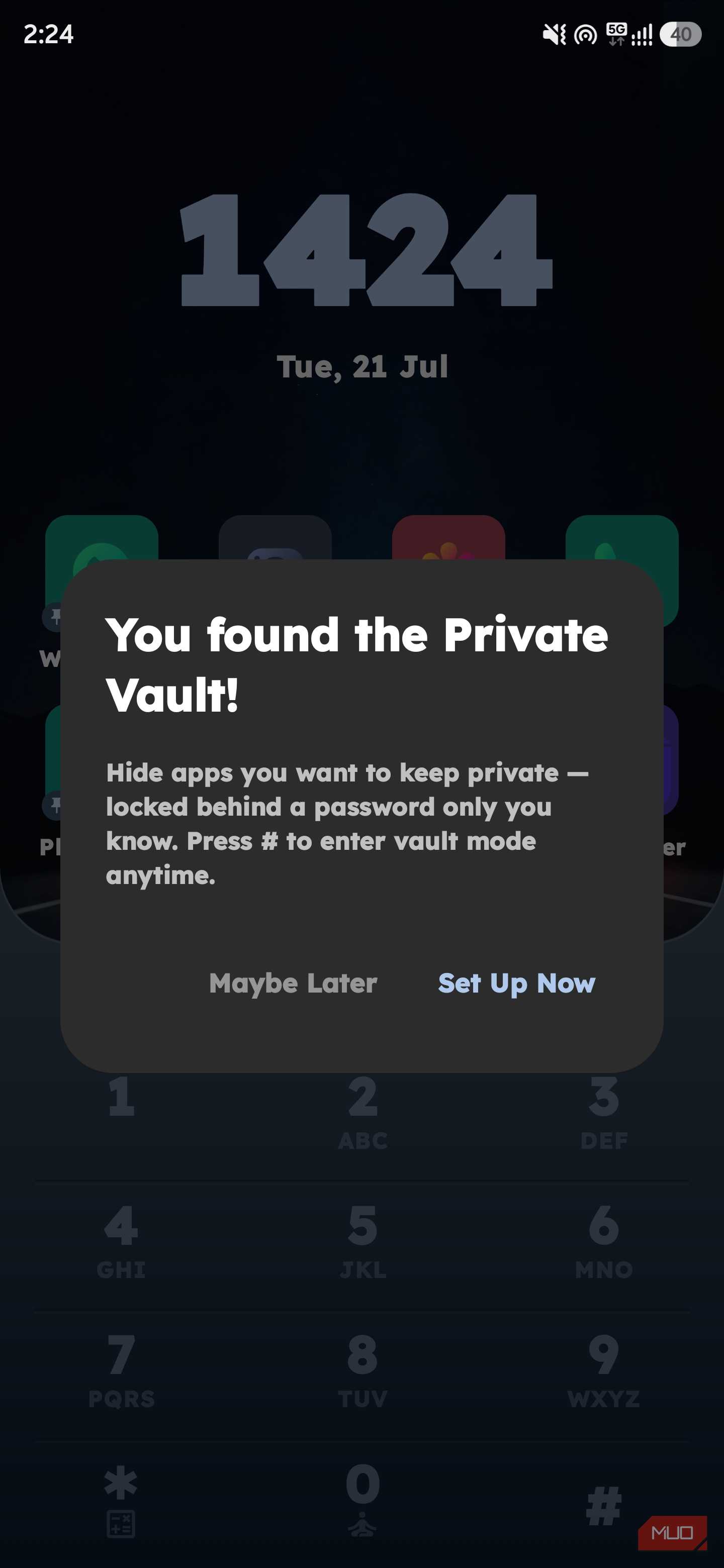 Key Launcher home screen overlay showing a modal popup titled "You found the Private Vault!" with options to set it up