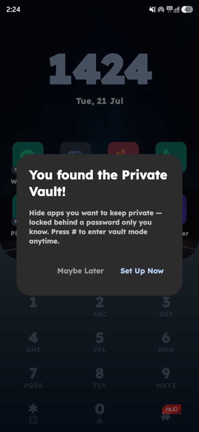 Key Launcher home screen overlay showing a modal popup titled "You found the Private Vault!" with options to set it up