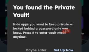 Key Launcher home screen overlay showing a modal popup titled "You found the Private Vault!" with options to set it up
