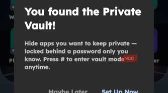 Key Launcher home screen overlay showing a modal popup titled "You found the Private Vault!" with options to set it up