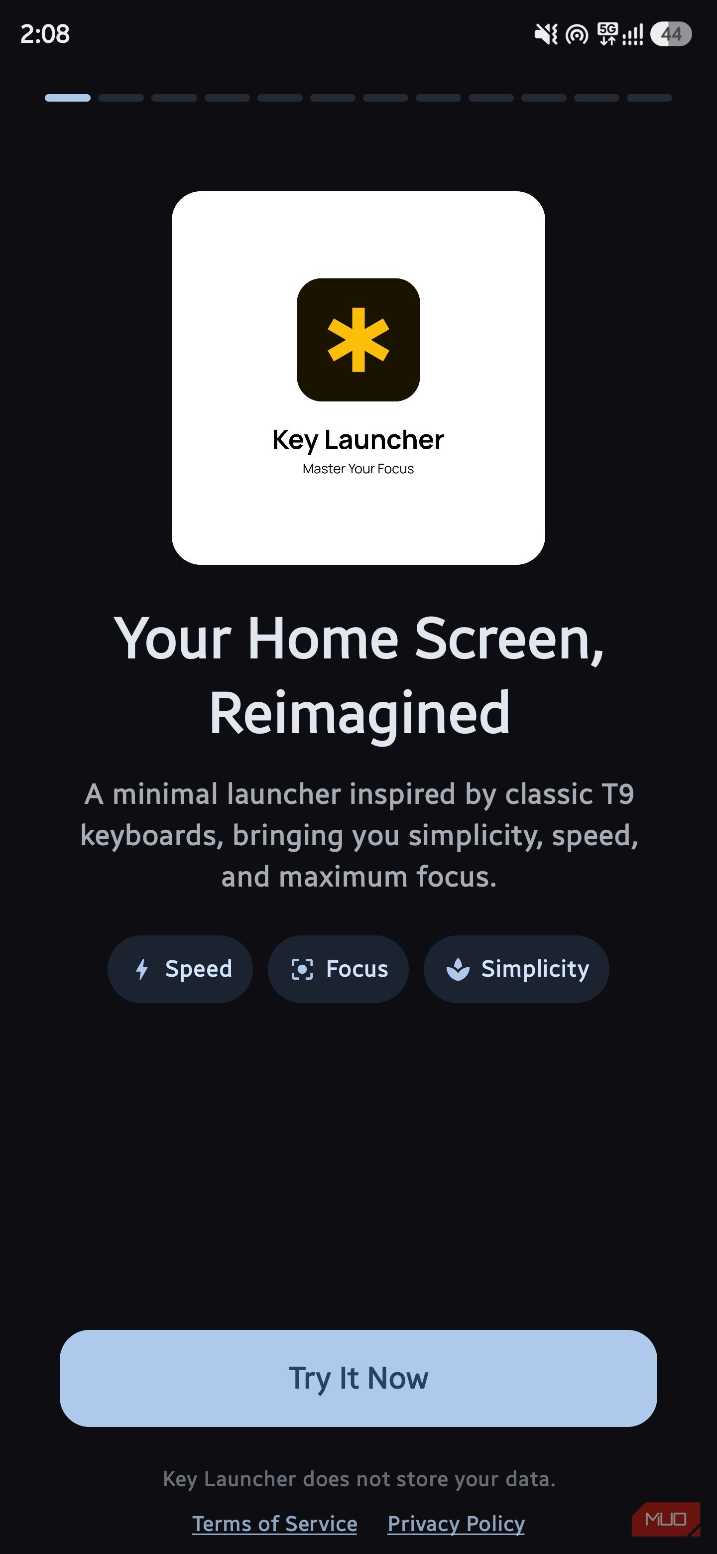 Welcome screen for Key Launcher displaying the tagline "Your Home Screen, Reimagined" and a "Try It Now" button