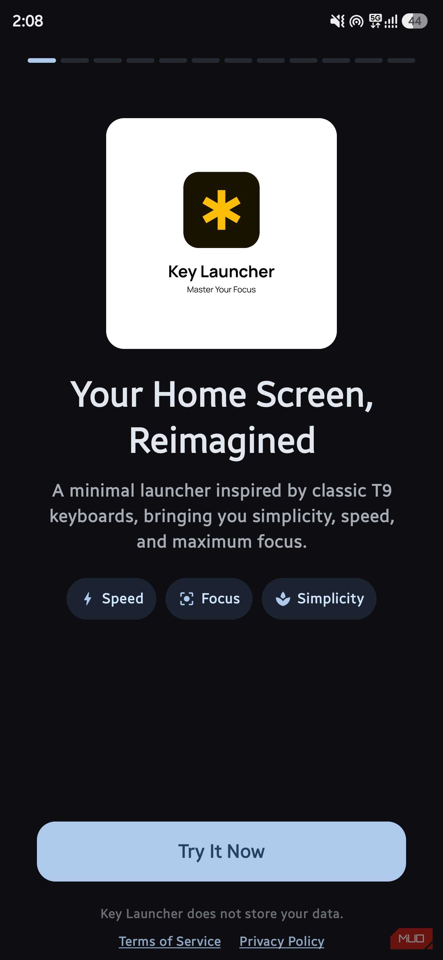 Welcome screen for Key Launcher displaying the tagline "Your Home Screen, Reimagined" and a "Try It Now" button