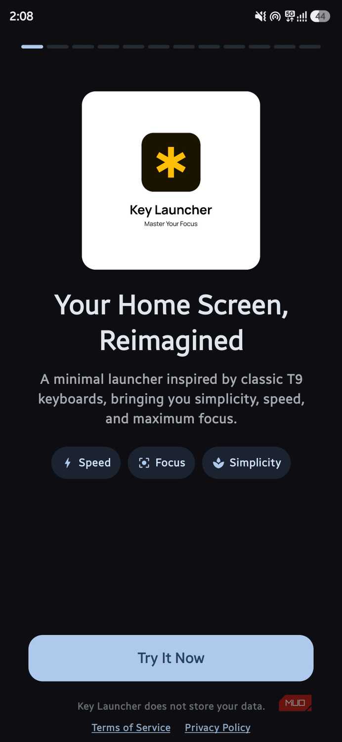 Welcome screen for Key Launcher displaying the tagline "Your Home Screen, Reimagined" and a "Try It Now" button