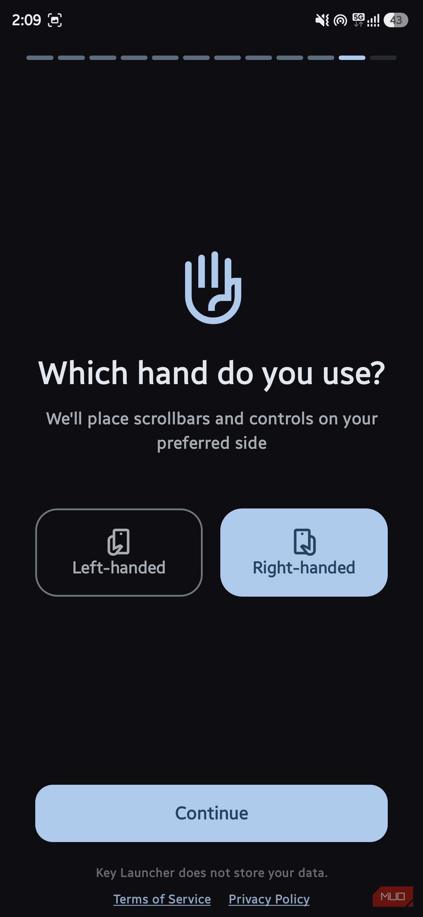 Hand preference selection screen titled "Which hand do you use?" with options for "Left-handed" and "Right-handed"