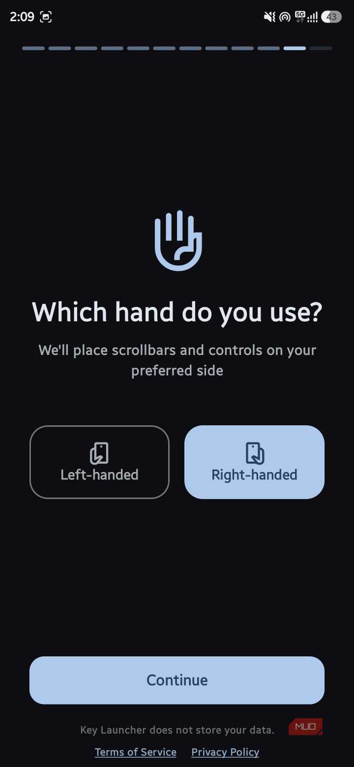 Hand preference selection screen titled "Which hand do you use?" with options for "Left-handed" and "Right-handed"