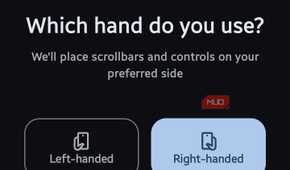 Hand preference selection screen titled "Which hand do you use?" with options for "Left-handed" and "Right-handed"