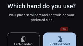 Hand preference selection screen titled "Which hand do you use?" with options for "Left-handed" and "Right-handed"