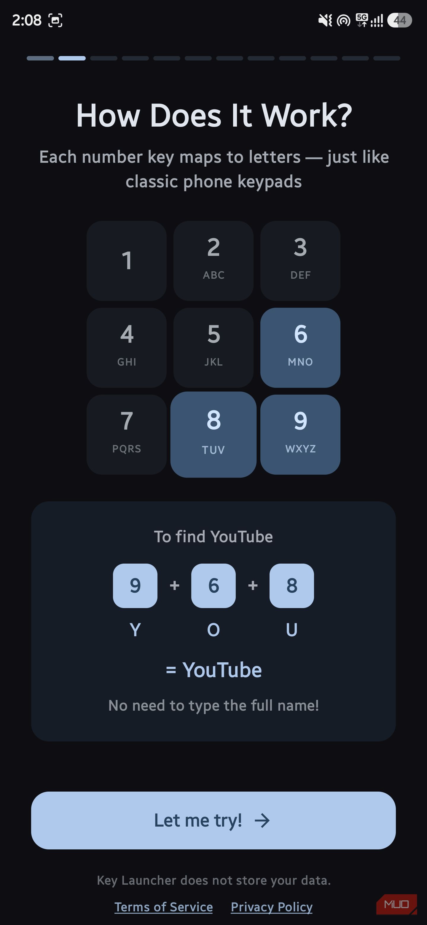 Onboarding tutorial screen explaining T9 search mechanics with the example "9 + 6 + 8 = YouTube"