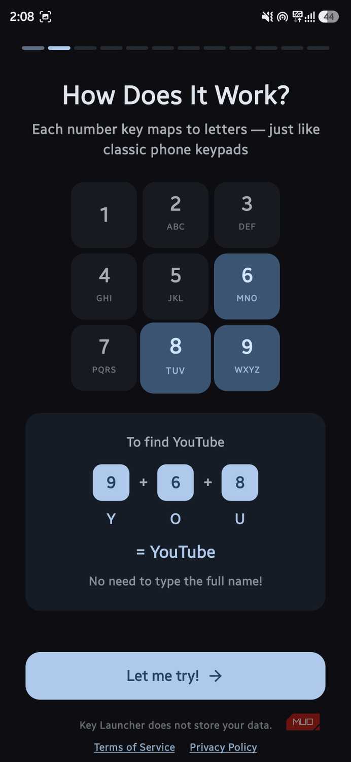 Onboarding tutorial screen explaining T9 search mechanics with the example "9 + 6 + 8 = YouTube"