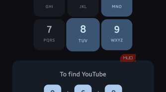 Onboarding tutorial screen explaining T9 search mechanics with the example "9 + 6 + 8 = YouTube"
