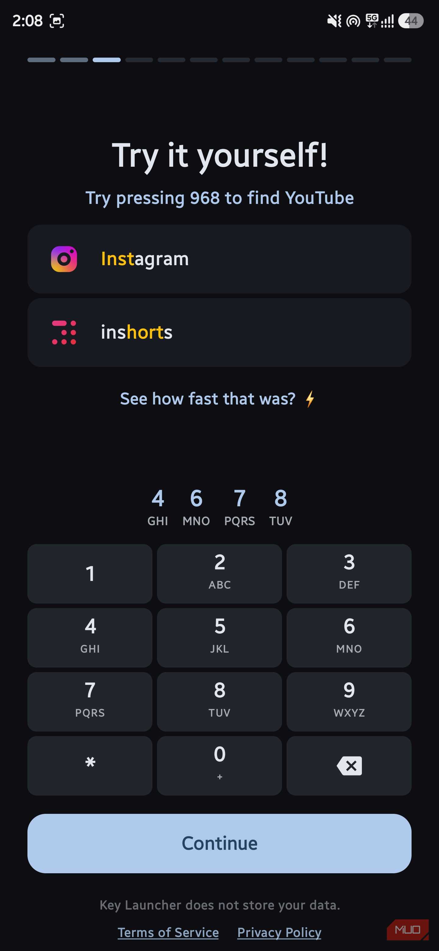 Interactive tutorial page titled "Try it yourself!" showing app search results above a T9 keypad interface