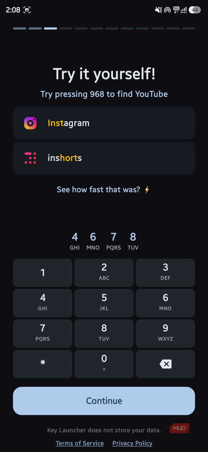 Interactive tutorial page titled "Try it yourself!" showing app search results above a T9 keypad interface