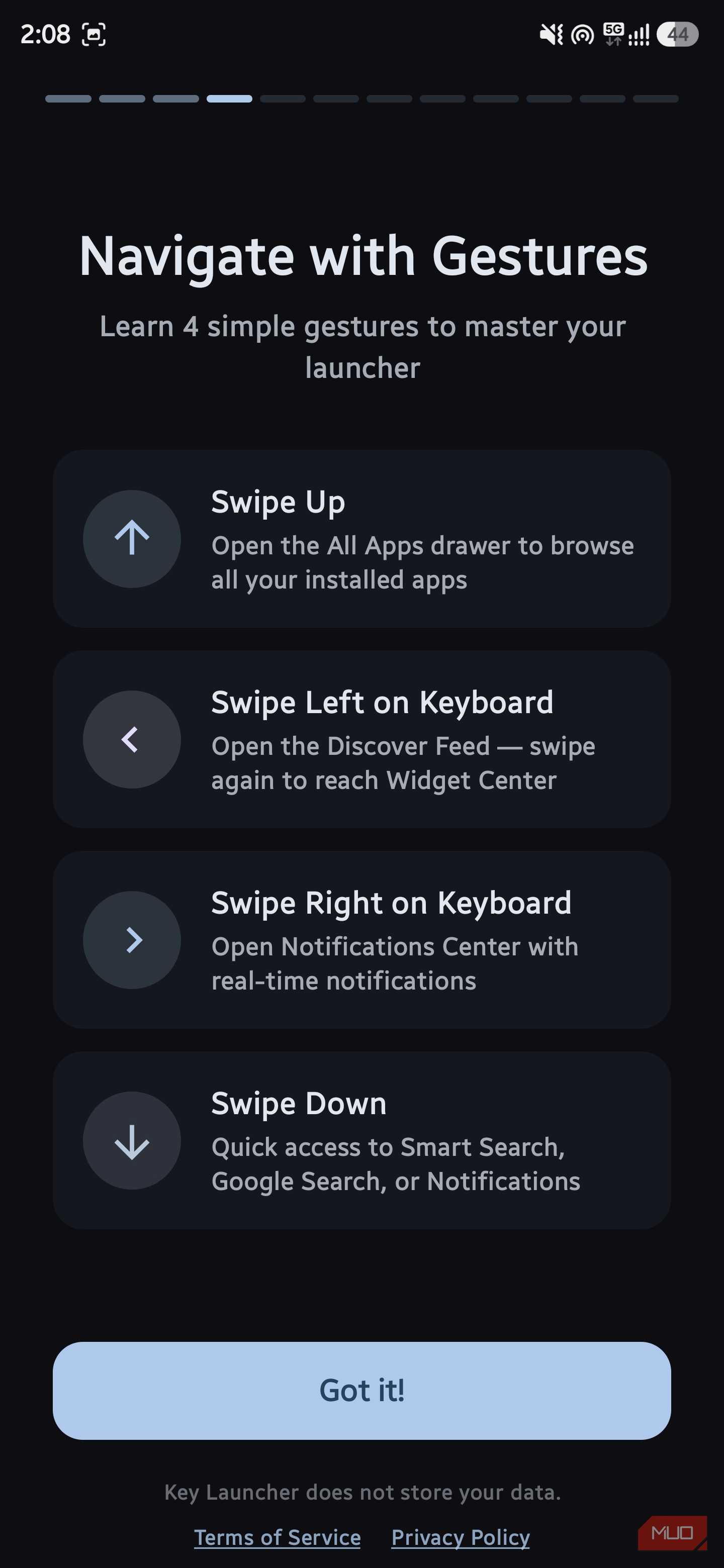 Onboarding guide titled "Navigate with Gestures" listing directional swipe shortcuts for apps, feeds, and notifications