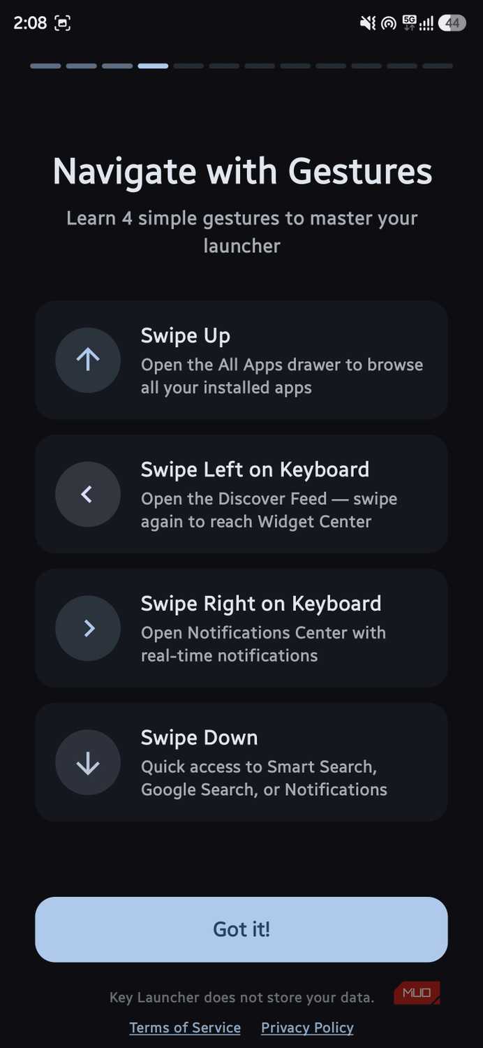 Onboarding guide titled "Navigate with Gestures" listing directional swipe shortcuts for apps, feeds, and notifications