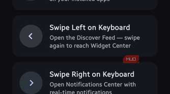 Onboarding guide titled "Navigate with Gestures" listing directional swipe shortcuts for apps, feeds, and notifications