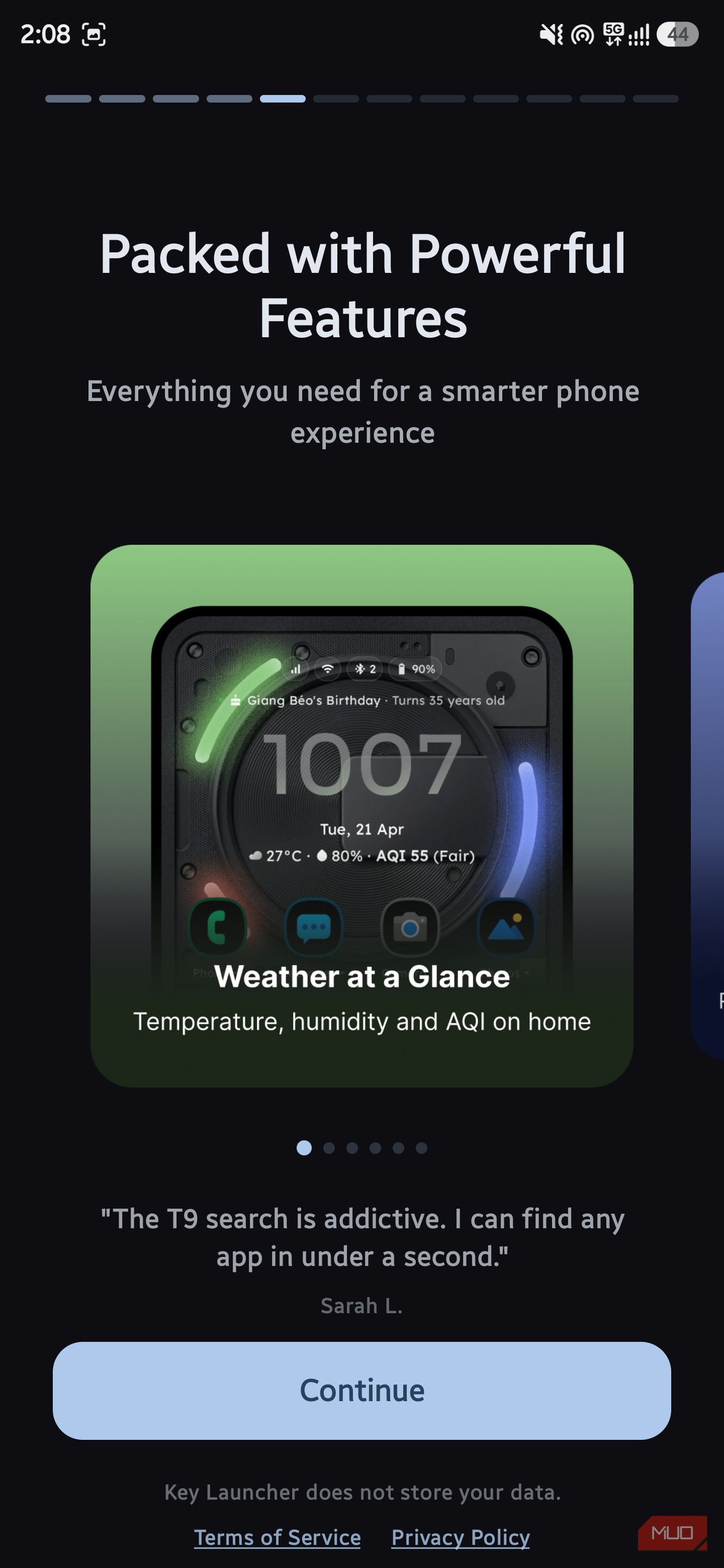 Feature showcase screen titled "Packed with Powerful Features" displaying a "Weather at a Glance" widget card and user testimonial