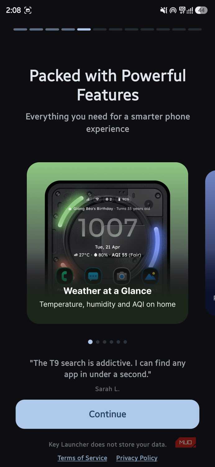 Feature showcase screen titled "Packed with Powerful Features" displaying a "Weather at a Glance" widget card and user testimonial