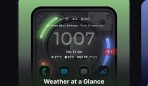 Feature showcase screen titled "Packed with Powerful Features" displaying a "Weather at a Glance" widget card and user testimonial
