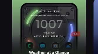 Feature showcase screen titled "Packed with Powerful Features" displaying a "Weather at a Glance" widget card and user testimonial