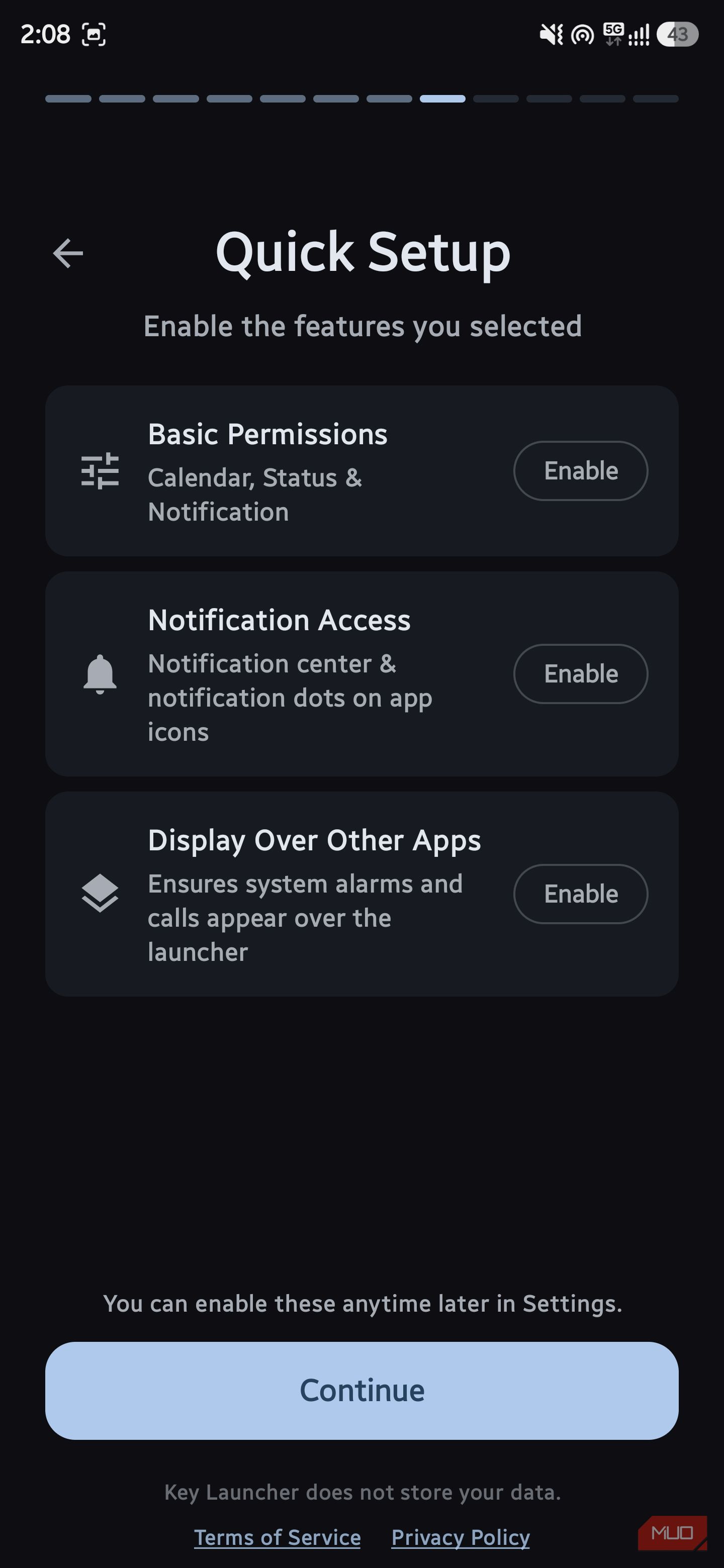 Onboarding screen titled "Quick Setup" showing toggle buttons for basic permissions, notification access, and display settings