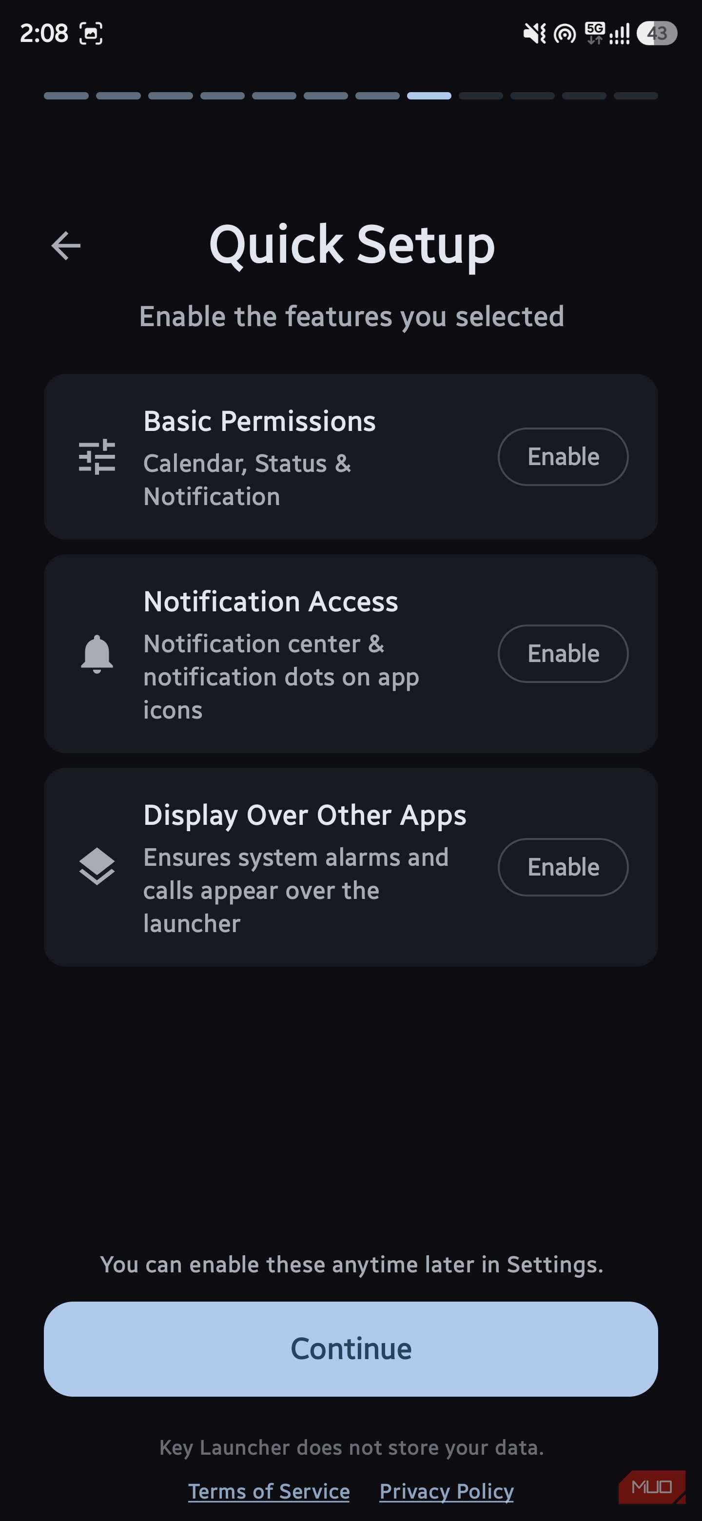 Onboarding screen titled "Quick Setup" showing toggle buttons for basic permissions, notification access, and display settings