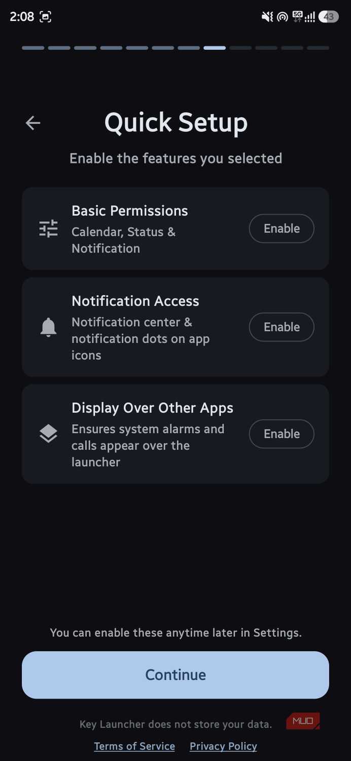 Onboarding screen titled "Quick Setup" showing toggle buttons for basic permissions, notification access, and display settings