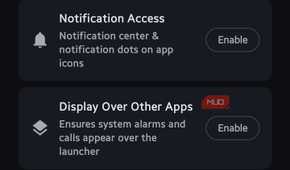 Onboarding screen titled "Quick Setup" showing toggle buttons for basic permissions, notification access, and display settings
