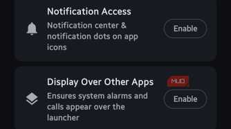 Onboarding screen titled "Quick Setup" showing toggle buttons for basic permissions, notification access, and display settings