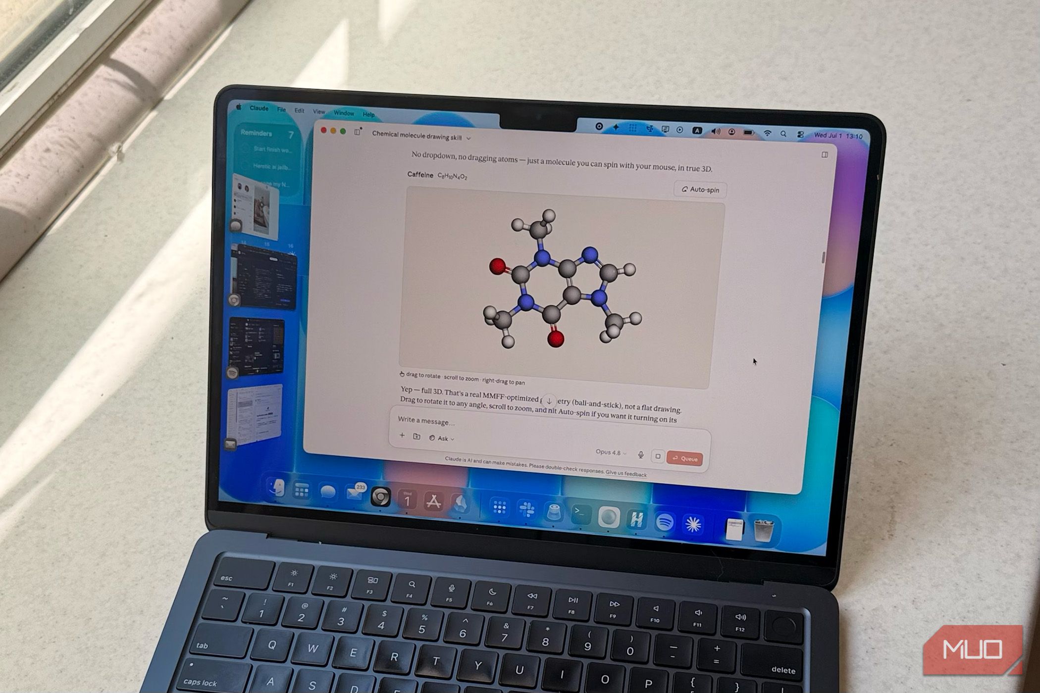Laptop showing Claude draw a molecule and render it in 3D