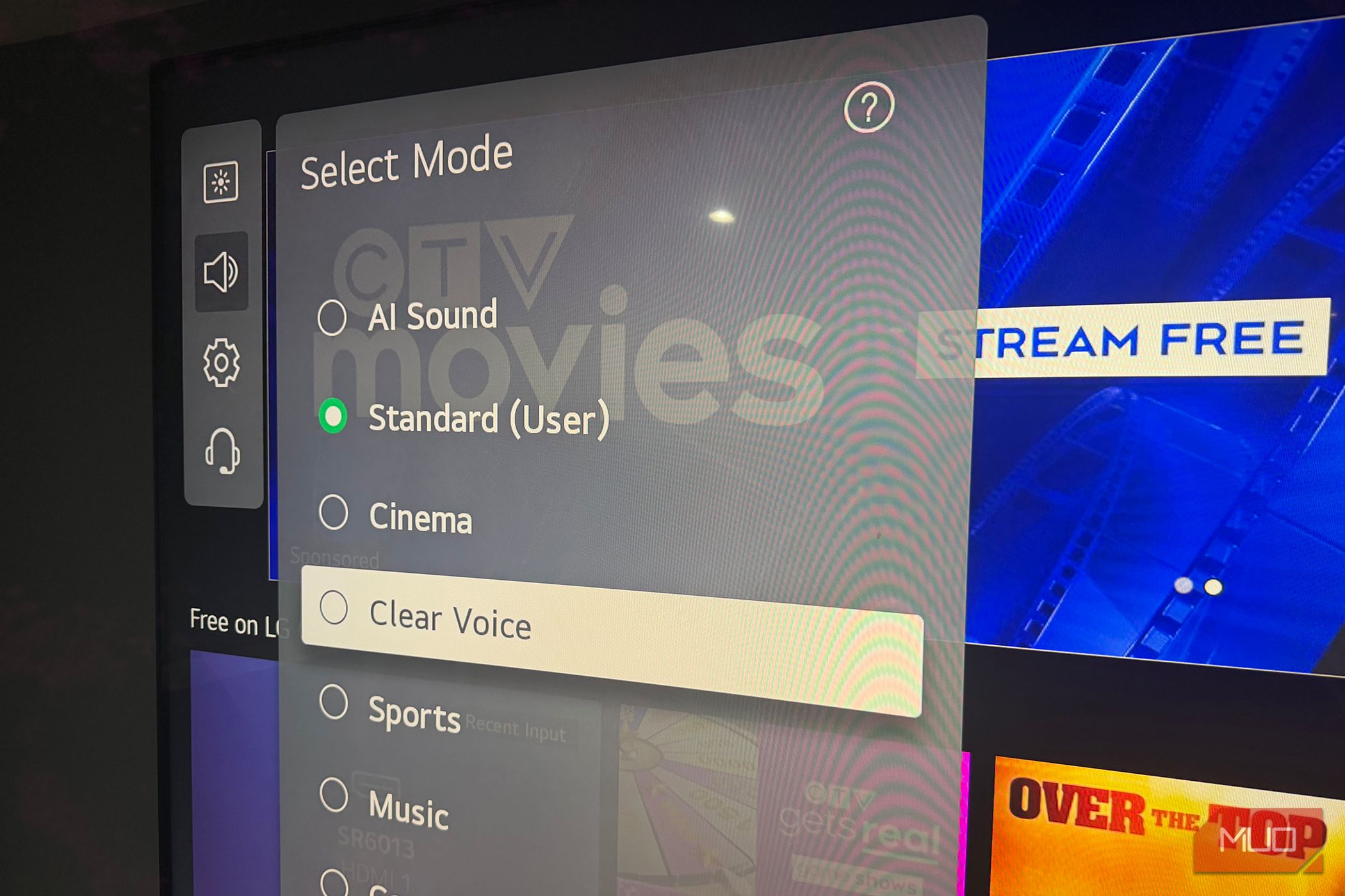 The Clear Voice option in the audio settings menu of an LG TV.