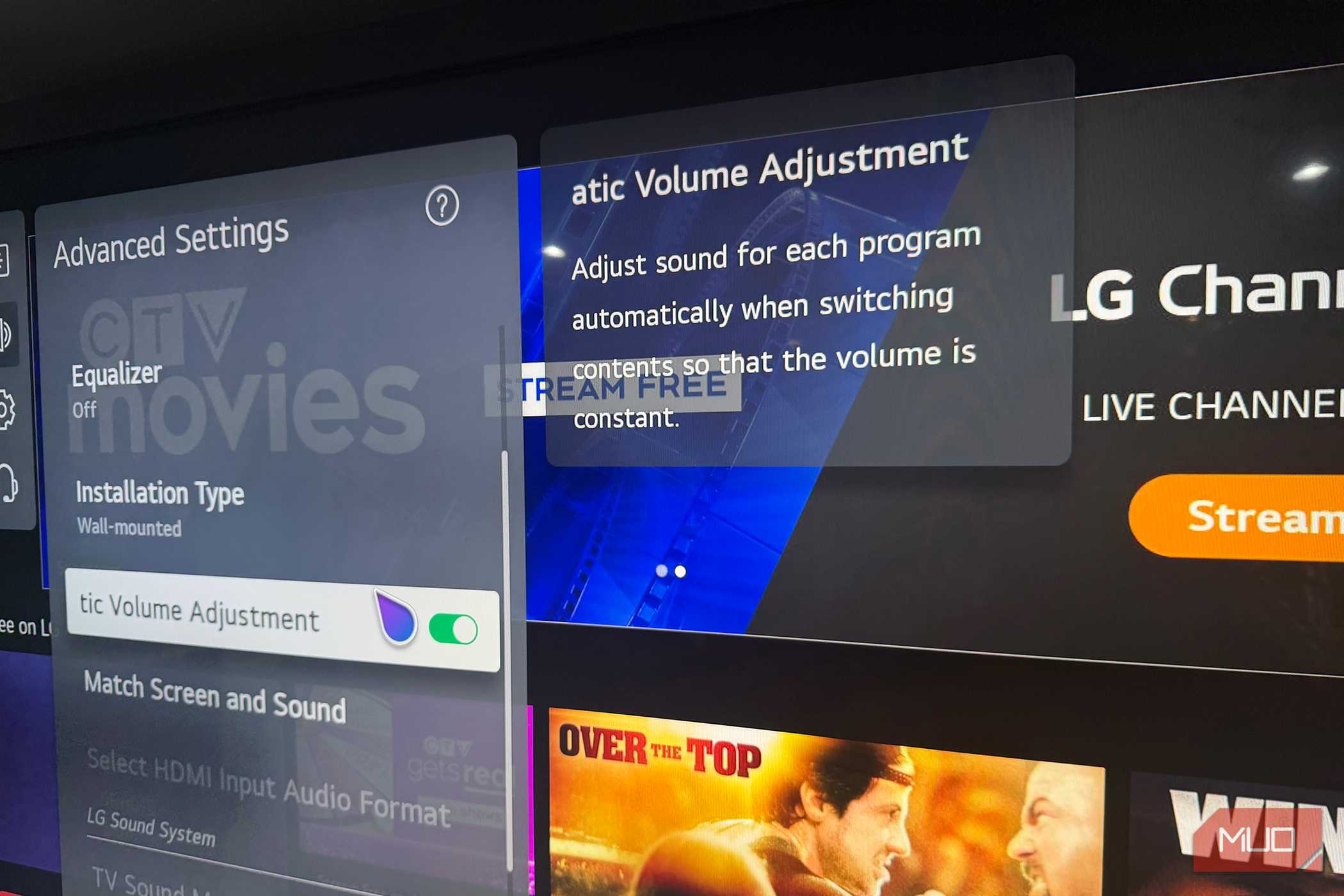 The Automatic Volume Adjustment option in the settings of an LG TV