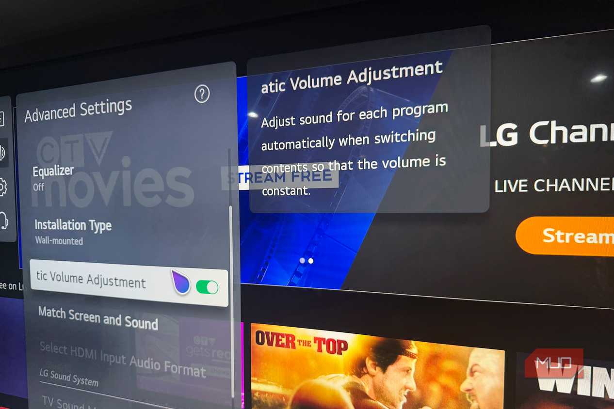 The Automatic Volume Adjustment option in the settings of an LG TV