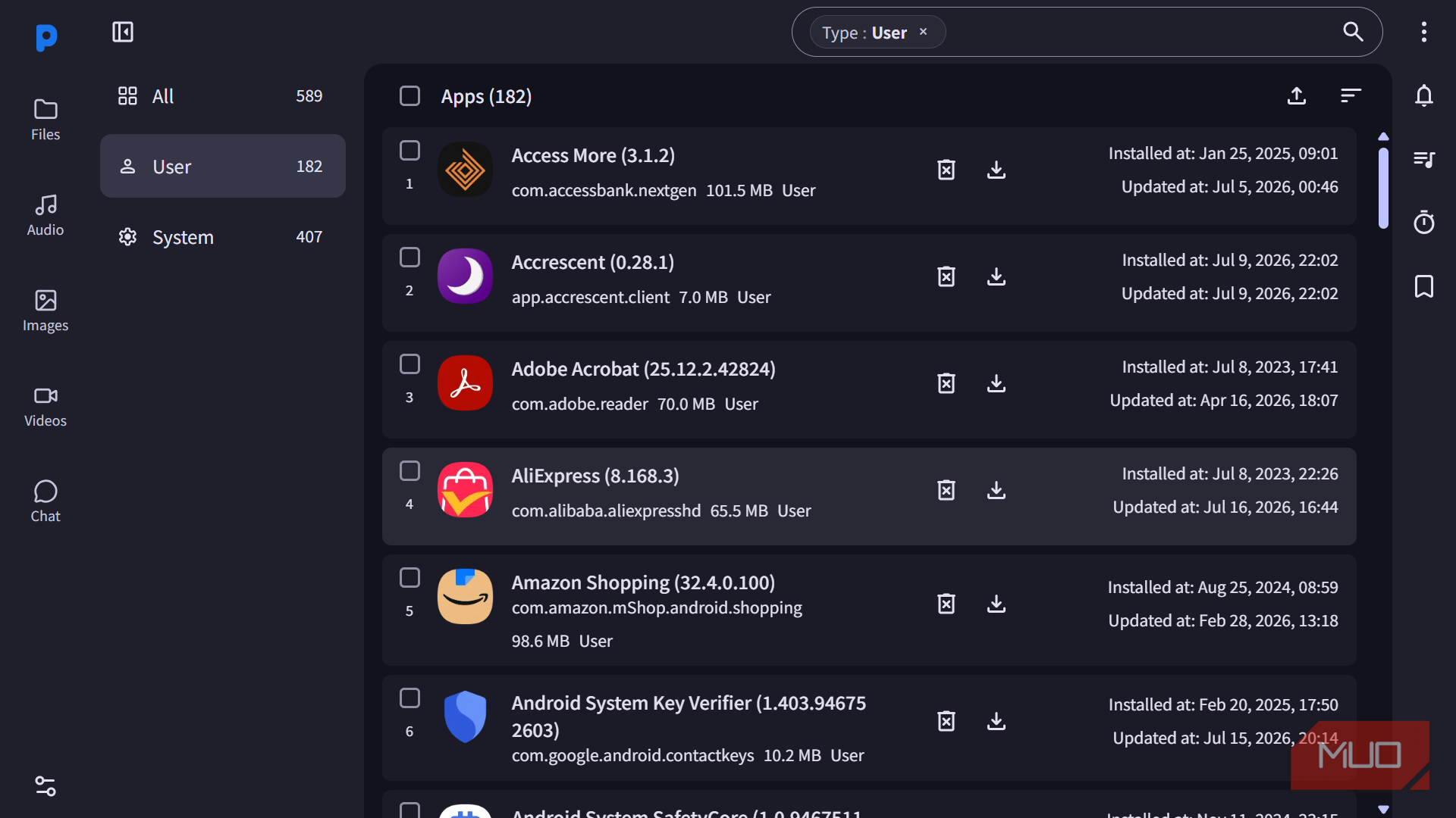 List of installed user applications