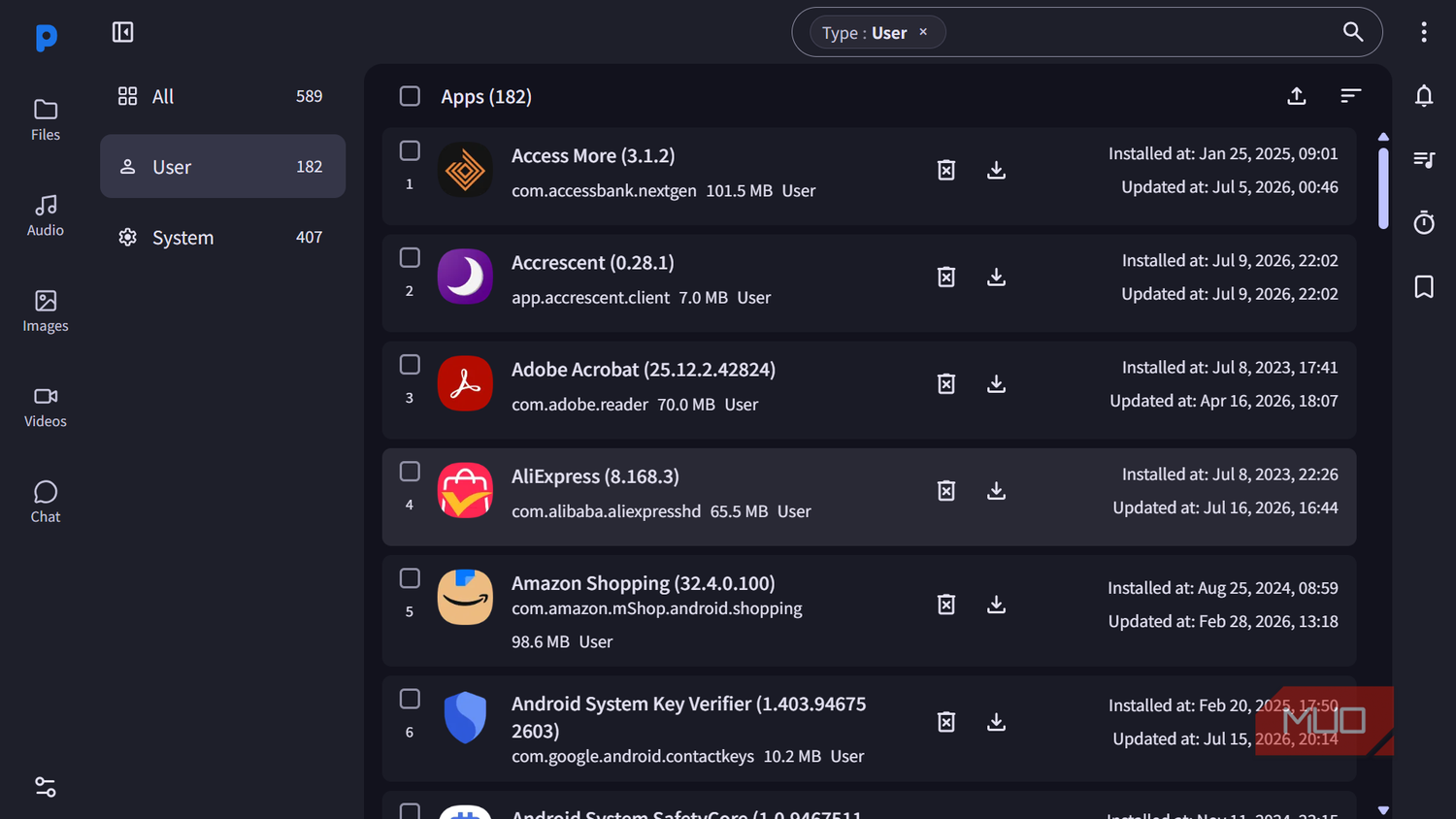 List of installed user applications