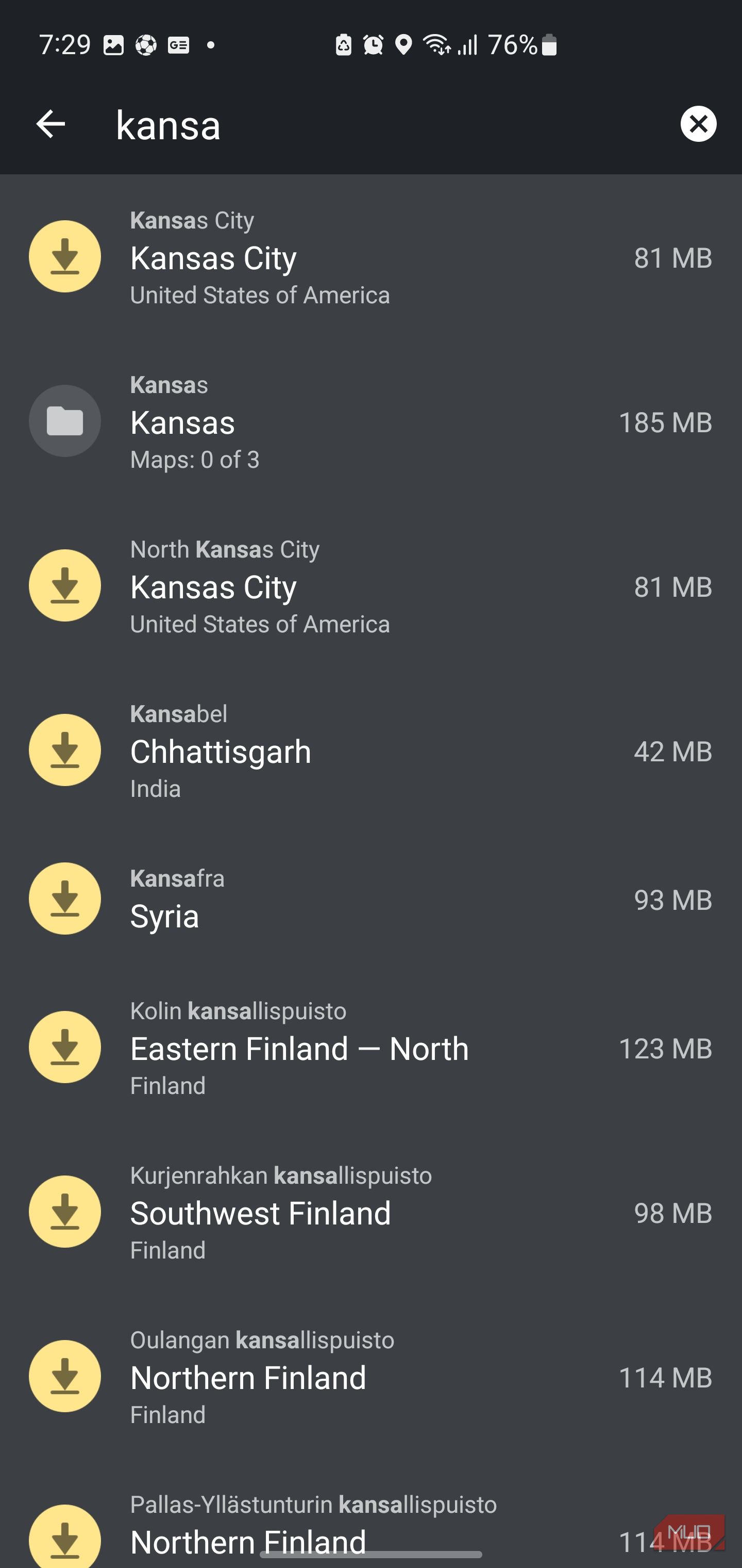 List of regions to download on Organic Maps.