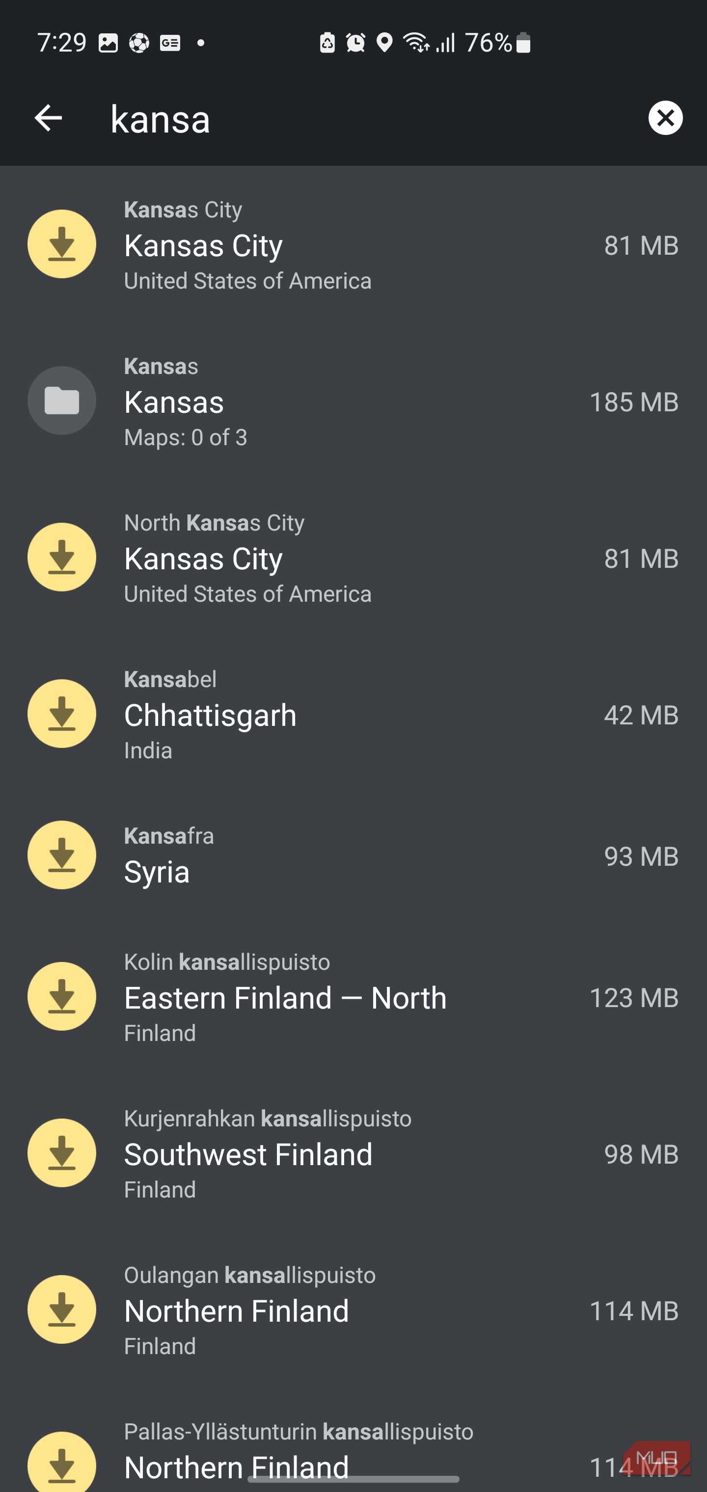List of regions to download on Organic Maps.