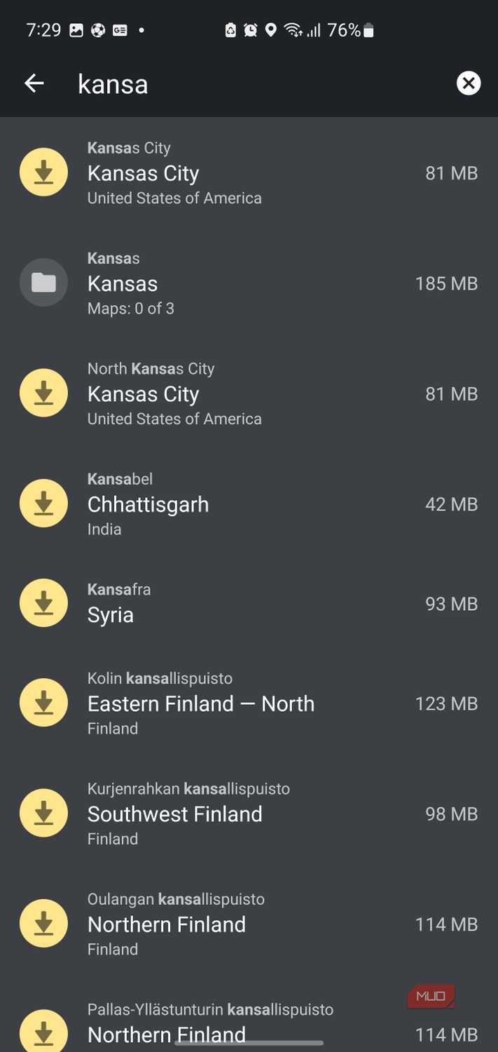 List of regions to download on Organic Maps.