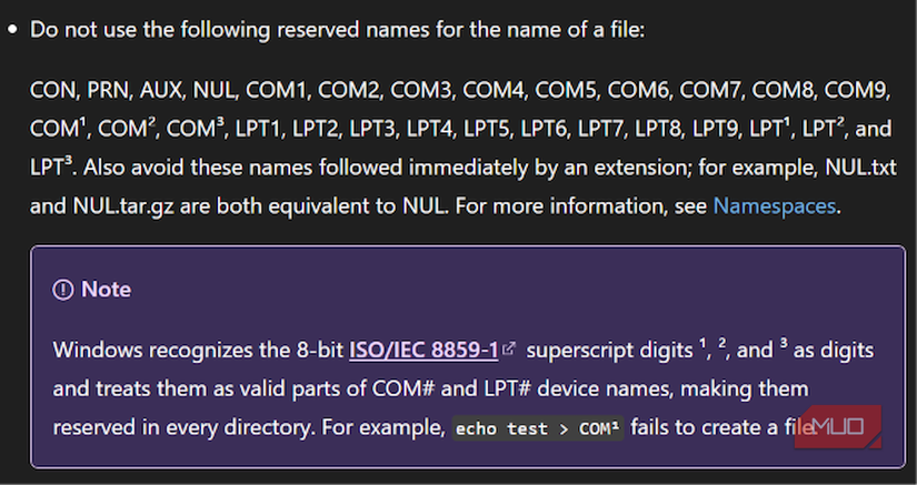 List of reserved filenames in Windows