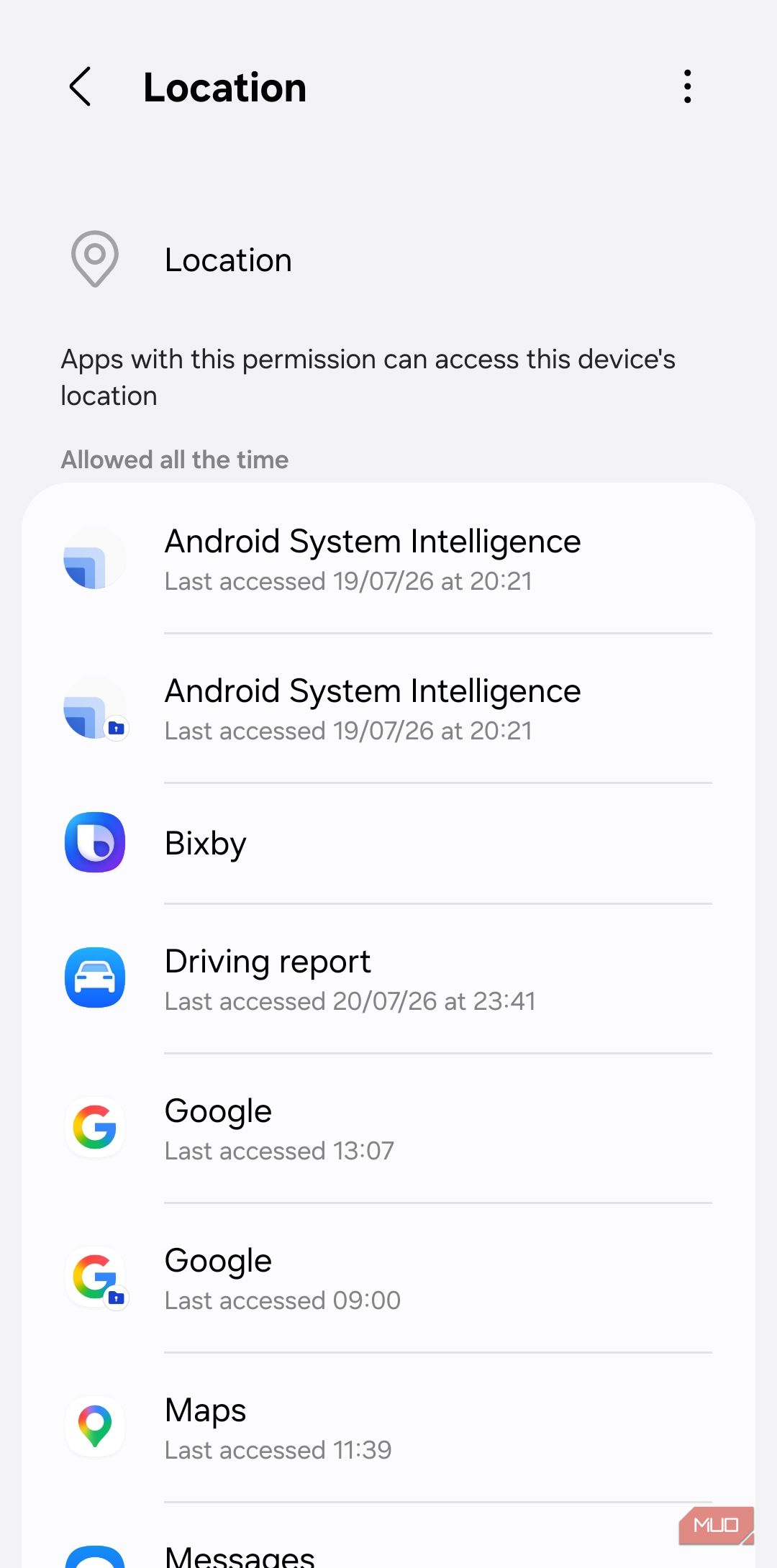 Location permissions menu on Android phone