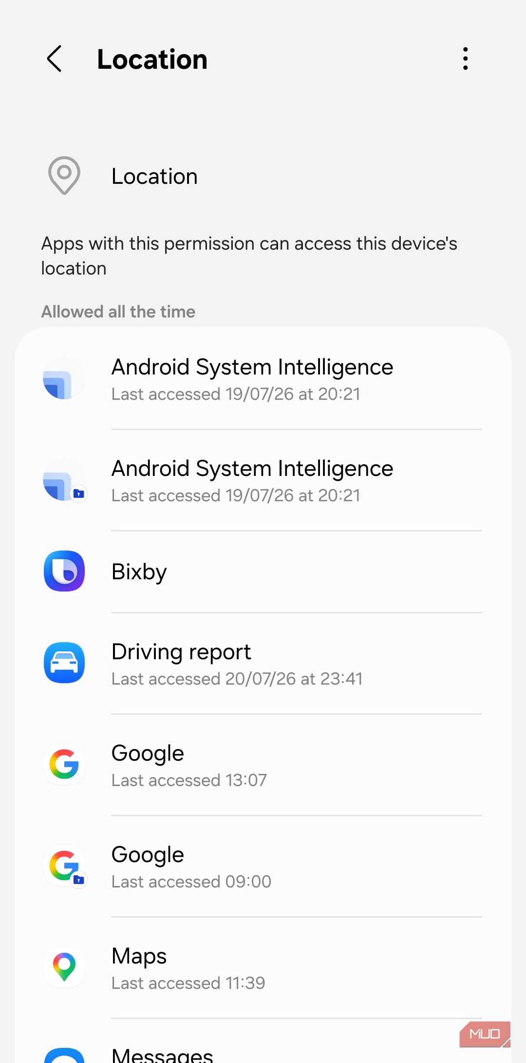 Location permissions menu on Android phone