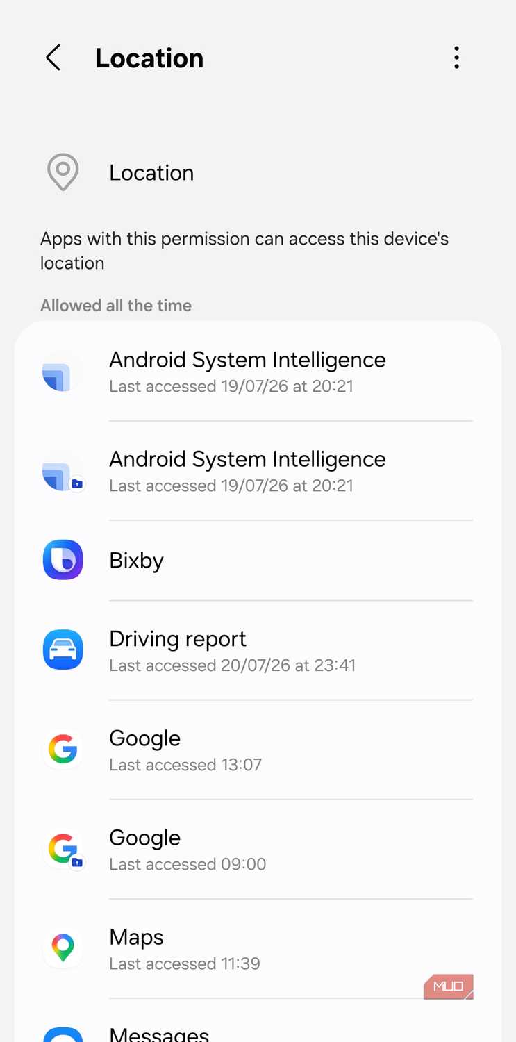 Location permissions menu on Android phone