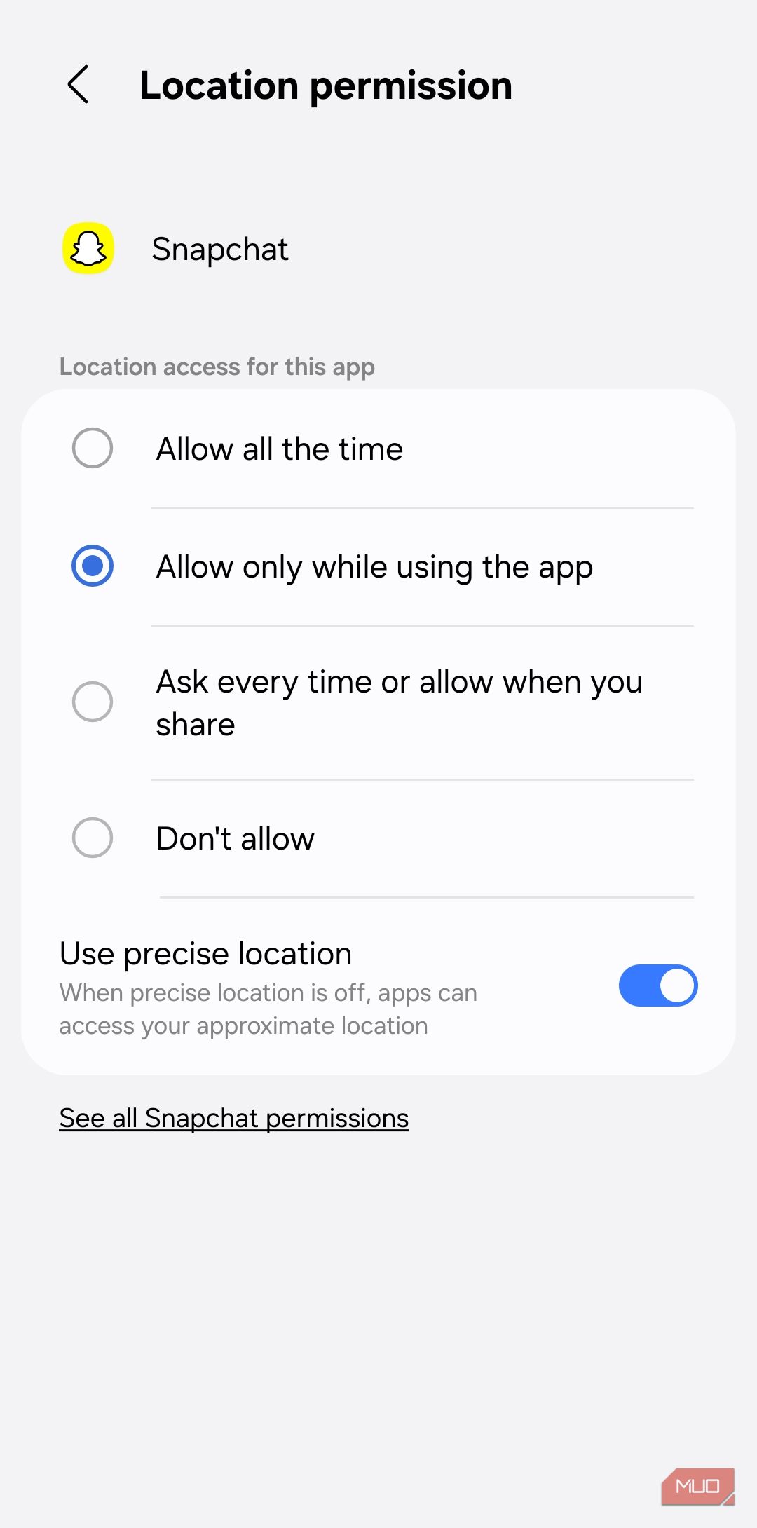 Location permissions menu on Android